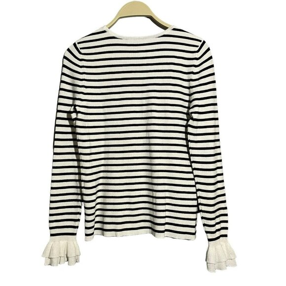 WHBM Sweater White House Black Market Women Size MP Stripe Ruffle Silver Button - Picture 2 of 12